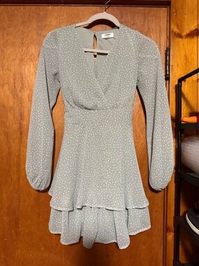 Japna Sage Green Polka Dot Long Sleeve Wrap-Style Dress